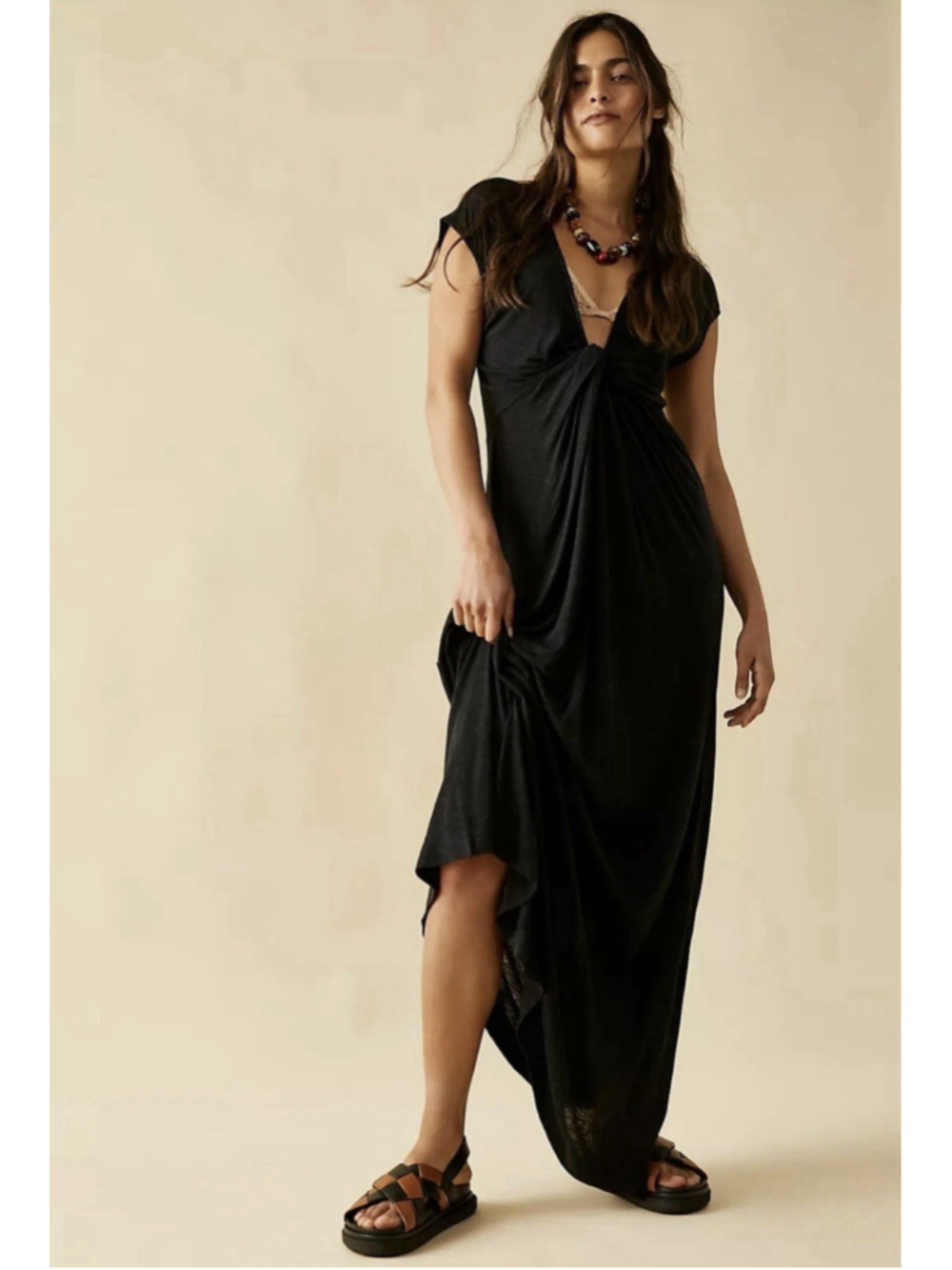 Free People Beach Marina Linen Blend Maxi Dress Size XS Twist Front Black - Picture 3 of 10